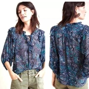 Anthropologie Haida Peasant Top Blue Sz  Small Chiffon Ruffle Detail Floral Boho